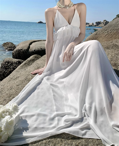 Simple Fashion Women White Design Sense Beach Holiday Banquet Halter Dress TP3075