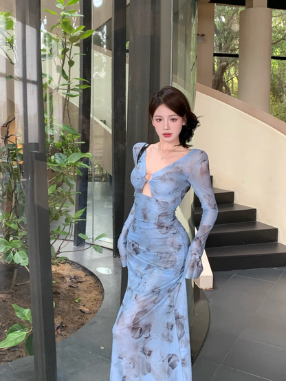 Vintage Blue Floral Design A-line Long-sleeved Dress TP3613