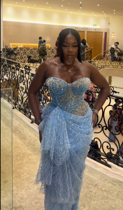 Shiny Strapless Blue Sequin Beaded Sheath Long Party Dress Evening Gown