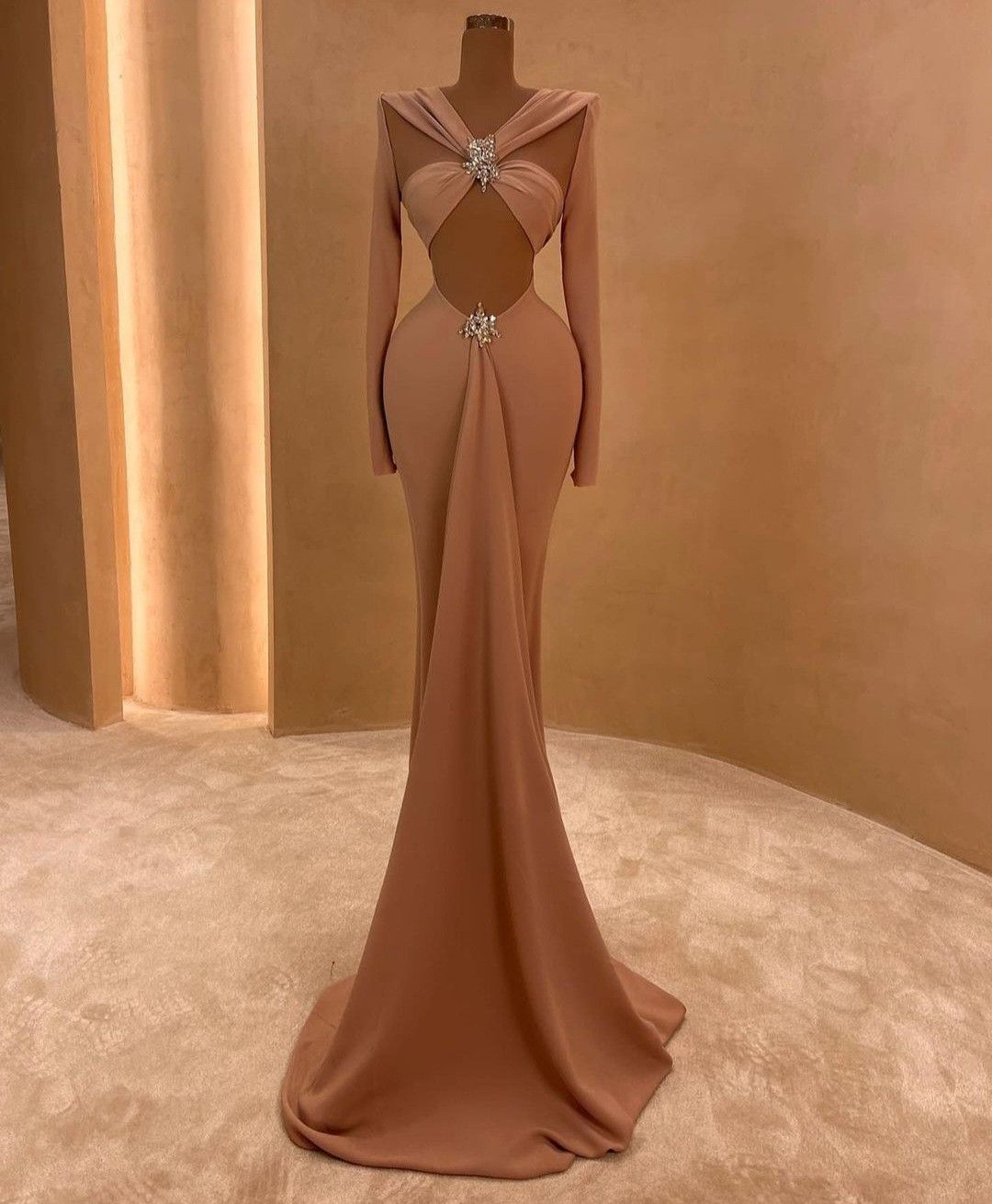 Girlhomeshops-Nude sexy long sleeve exquisite beaded long satin prom dress gh5428