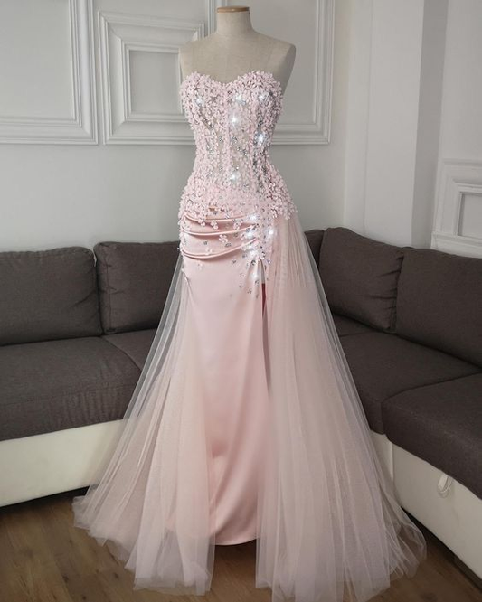 Pink Long Prom Dress With Slit Sleeveless Flower Formal Gown