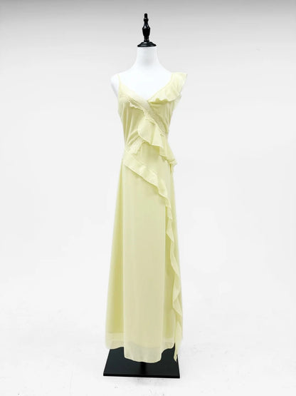 Girlhomeshops-Yellow ruffle chiffon long prom dress birthday party dress gh5421