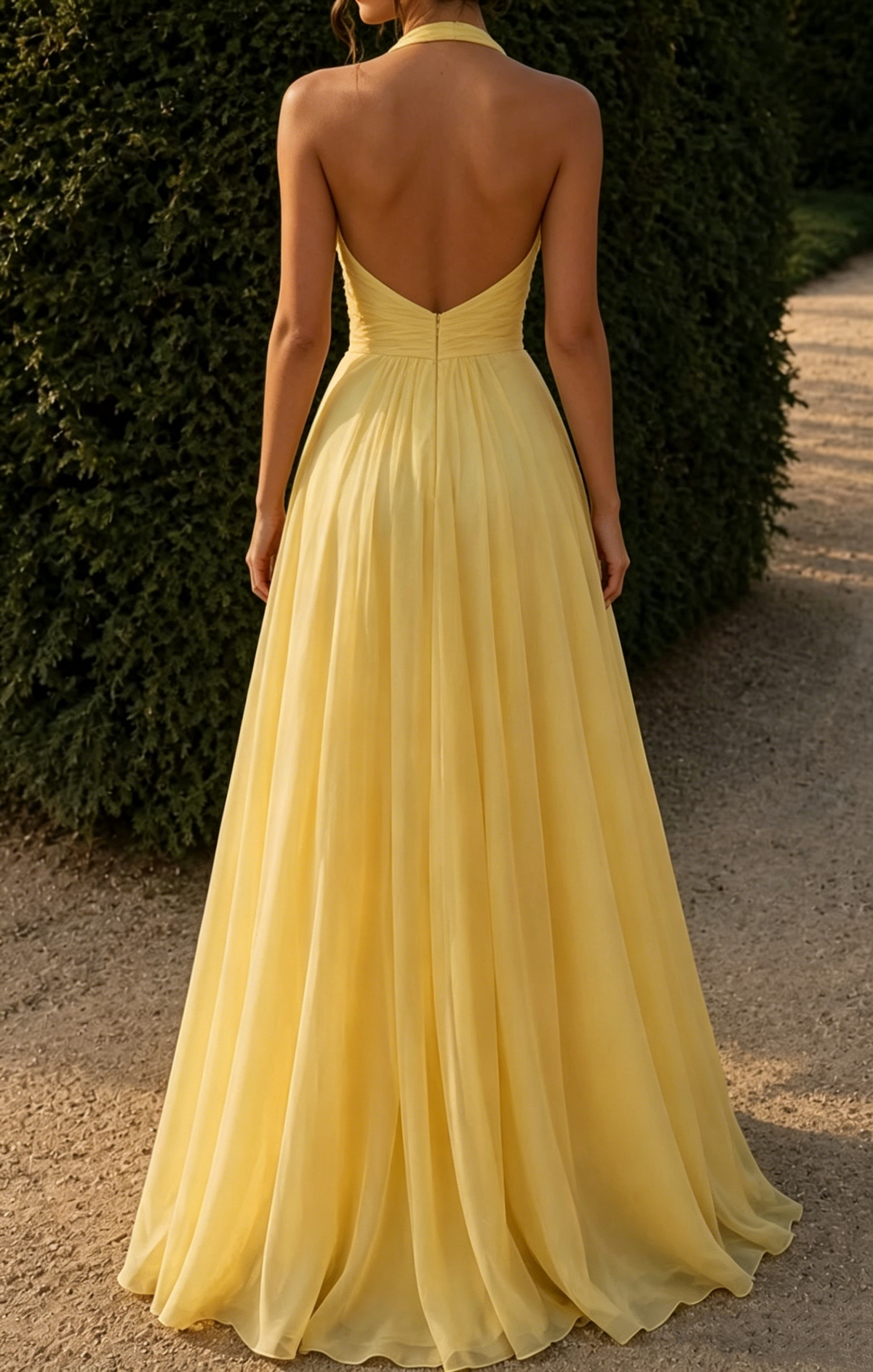 Vintage Yellow Halter-Neck Chiffon Long Prom Dress 3D Floral Appliques A-Line Evening Gown TP5894