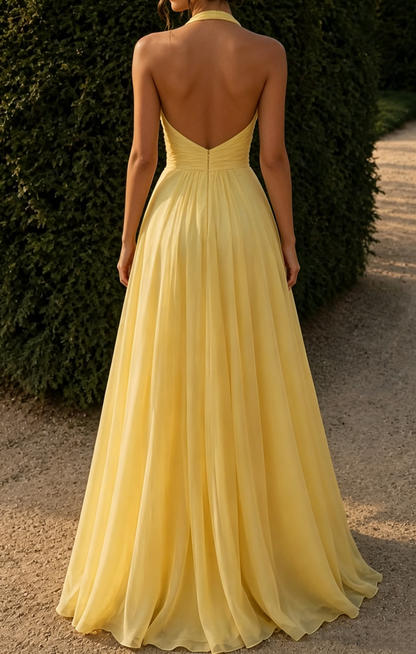 Vintage Yellow Halter-Neck Chiffon Long Prom Dress 3D Floral Appliques A-Line Evening Gown TP5894