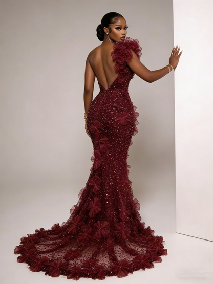 Luxurious Burgundy One Shoulder Sequin Tulle Beaded Mermaid Long Party Dress Formal Birthday Prom Dress SP1367