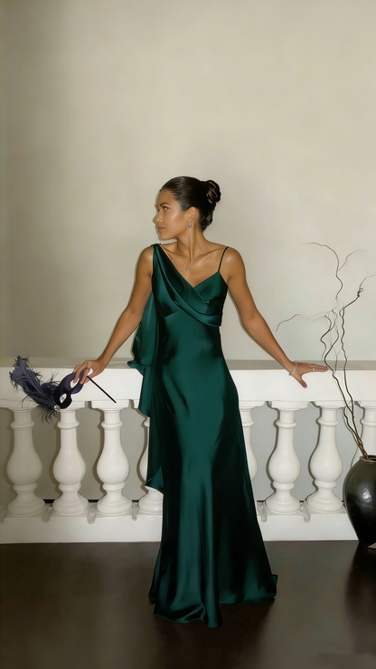 Classy V Neck Spaghetti Straps Dark Purple Satin Mermaid Long Wedding Guest Dress Formal Party Dress SP1537