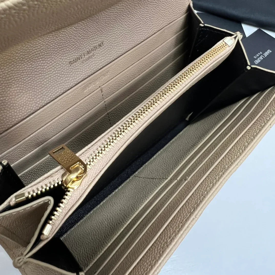 YSL Long Wallet Beige Leather Gold Tone 10772  19cm