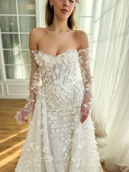 Elegant Ivory Strapless Sweetheart 3D Floral Sparkly Mermaid Detachable Tulle Beaded Long Train Wedding Dress TP5907