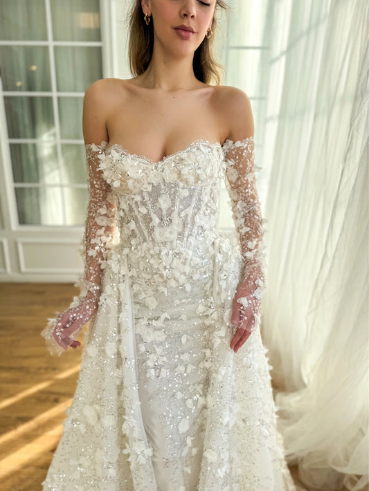Elegant Ivory Strapless Sweetheart 3D Floral Sparkly Mermaid Detachable Tulle Beaded Long Train Wedding Dress TP5907