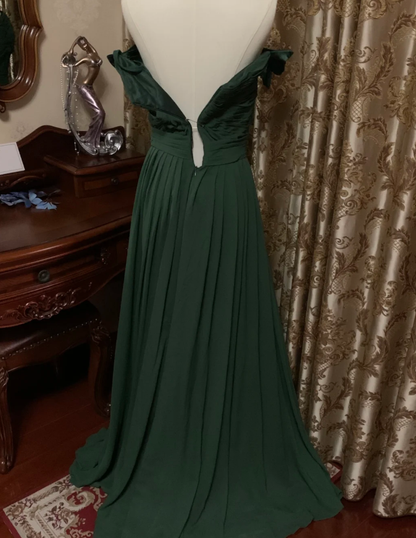 Vintage Green Off The Shoulder Satin Pleated Long Wedding Guest Dress Party Dress Prom Gown