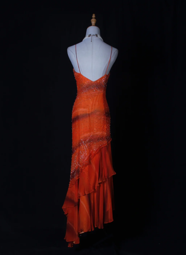 Pretty Orange Spaghetti Straps Chiffon Beaded Ruffle Mermaid Long Prom Dress Evening Gown