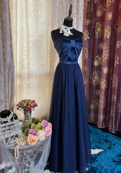 Simple Strapless Satin Tulle A Line Long Wedding Guest Dress Navy Blue Evening Dress Prom Gown SP1620