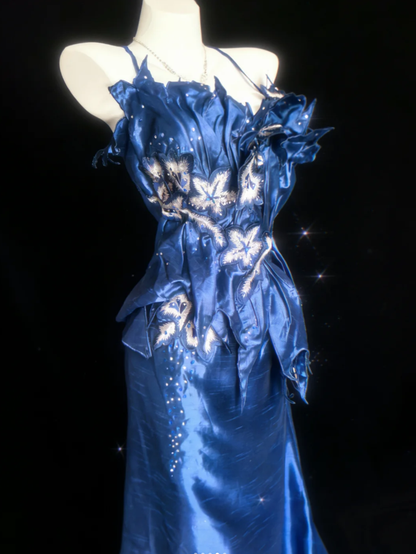 Gorgeous Blue Halter Satin Embroidery Beaded Mermaid Long Evening Dress Prom Gown SP1489