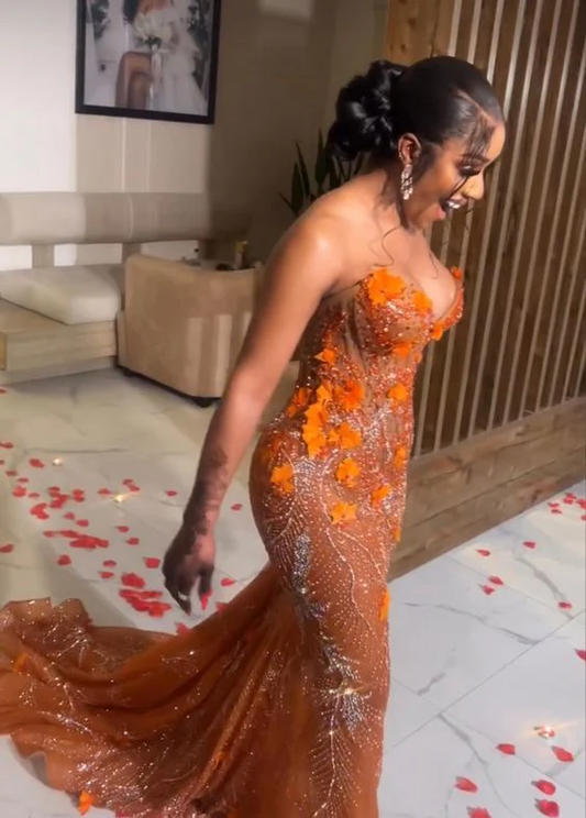 Classy Mermaid Sweetheart Orange Tulle Sequin Evening Gowns Long Prom Dress