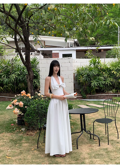 Cute Halter A-Line Black White Striped Butterfly Bow V-Neck Long Evening Dress Birthday Party Gown