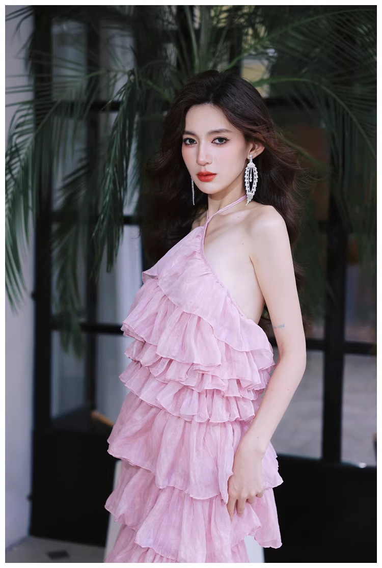 Pretty Pink Halter Chiffon Ruffle Layered Slit Long Birthday Prom Dress Evening Gown