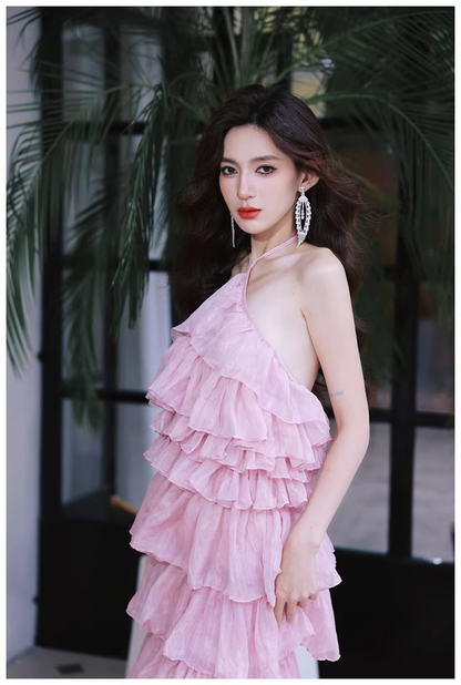 Pretty Pink Halter Chiffon Ruffle Layered Slit Long Birthday Prom Dress Evening Gown