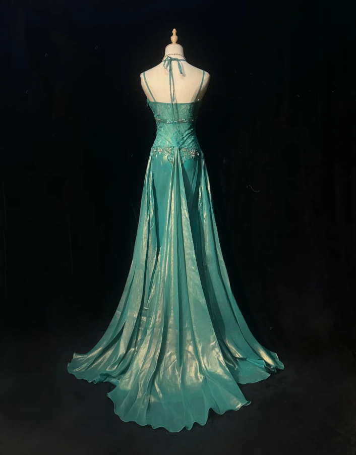 Vintage Spaghetti Straps Green Satin Lace Beaded Mermaid Long Party Dress Birthday Dress SP1817