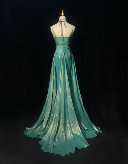Vintage Spaghetti Straps Green Satin Lace Beaded Mermaid Long Party Dress Birthday Dress SP1817