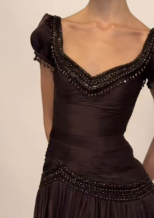 Vintage V Neck Brown Chiffon Beaded Mermaid Party Dress Long Evening Gowns