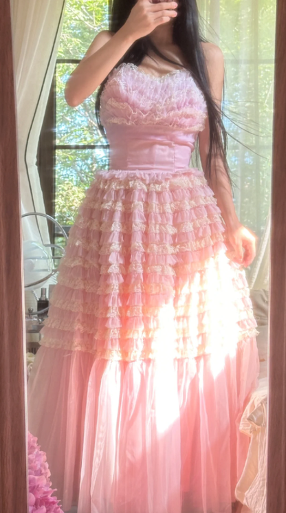 Sweet Strapless Pink Tulle Pleated A Line Long Party Dress Princess Birthday Prom Gowns