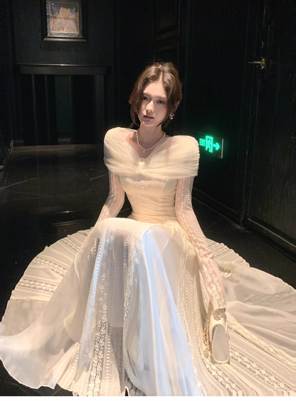 Elegant Off The Shoulder Tulle Lace A Line Long Birthday Prom Dress Party Dress SP1502