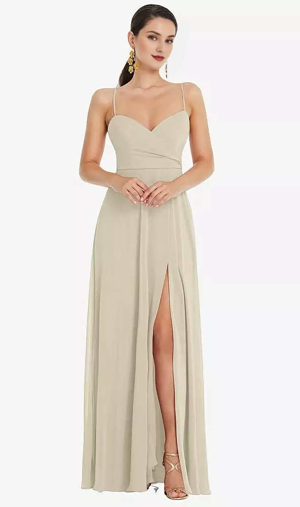 Adjustable front slit shoulder strap wrap Prom dress