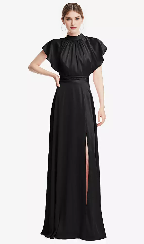 Wrinkled stand collar with ruffled sleeves backless long Prom dress
