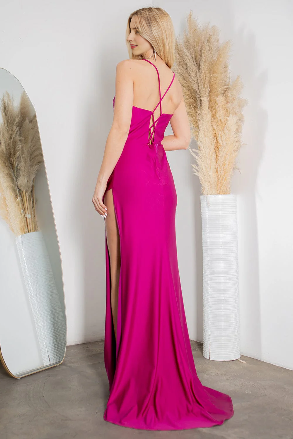 Tailored slit skirt long satin sleeveless high neck tight corset dress