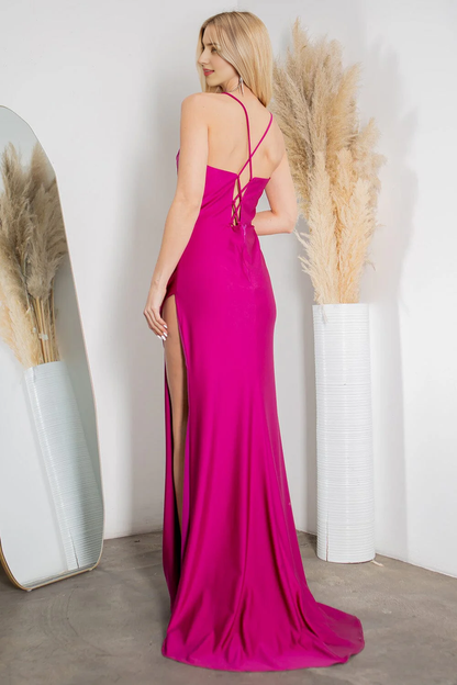 Tailored slit skirt long satin sleeveless high neck tight corset dress