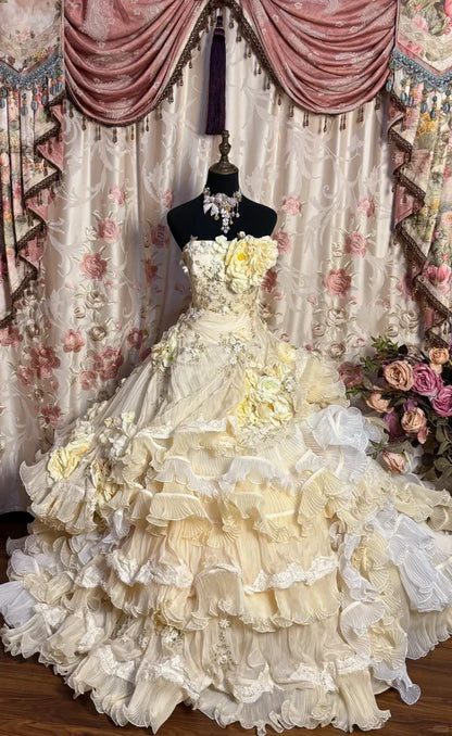 Vintage Applique Ruffles Strapless Sweet 16 Quinceanera A-Line Evening Dress Ball Gown TP4287