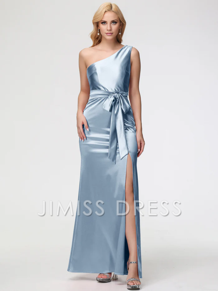 single shoulder trumpet/mermaid sleeveless pleated satin Prom dress