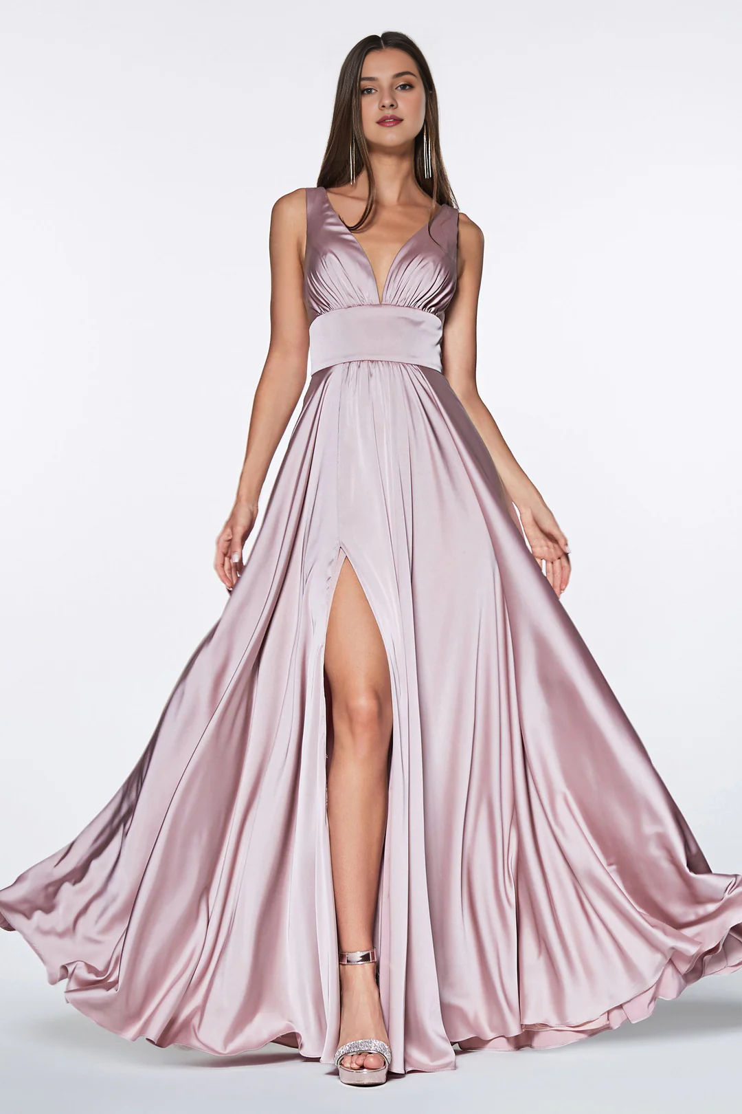 Leg slit long sleeveless V-neck dress