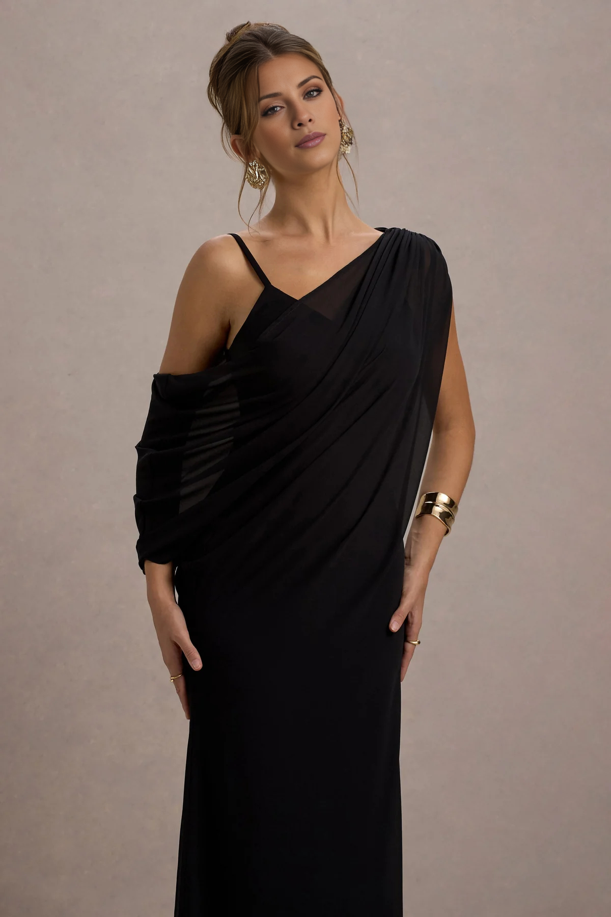 Chiffon ribbon black V-neck and floor length evening dress - Dress