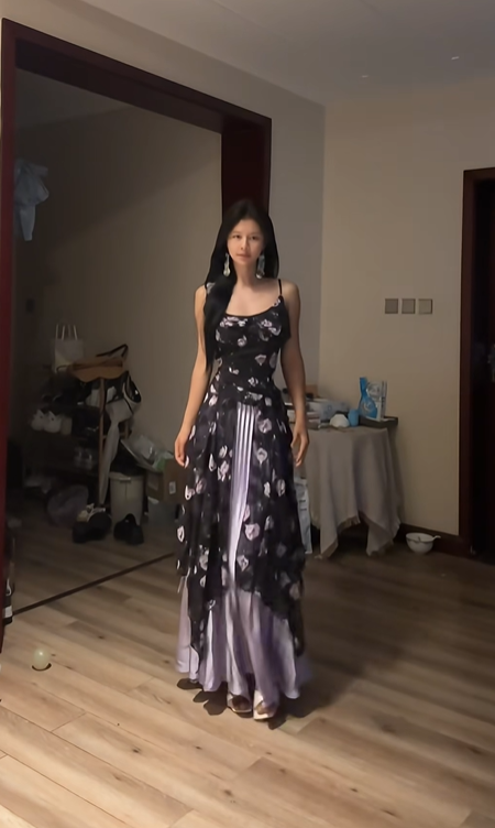 Light purple floral print halter-neck fitted long sexy ball gown R8080