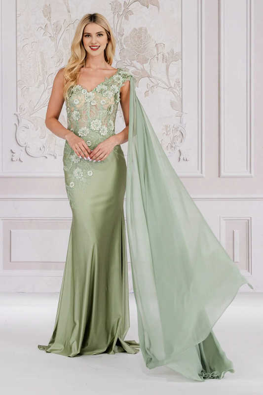 3D floral decal long one shoulder tight corset cloak dress