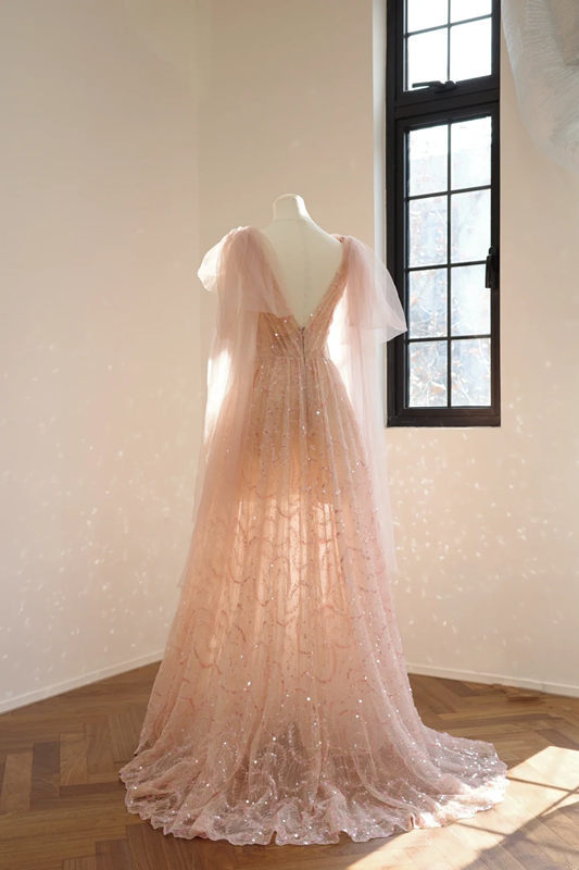 Light pink V-neck fitted A-line long ball gown, bridal dress R8553