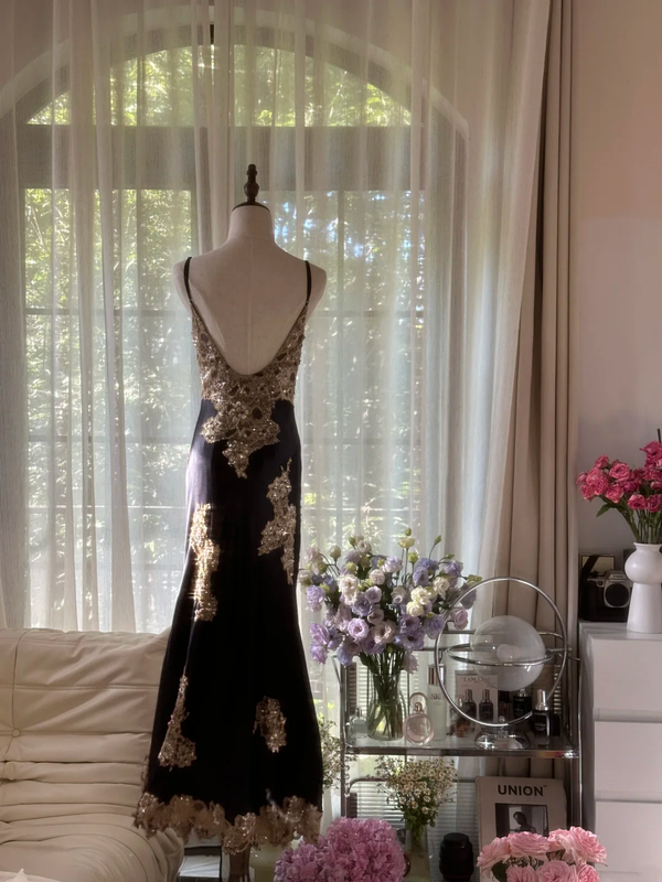 Black and gold pattern halter-neck fitted waist slim slit sexy classic ball gown R7757