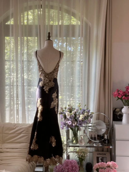 Black and gold pattern halter-neck fitted waist slim slit sexy classic ball gown R7757