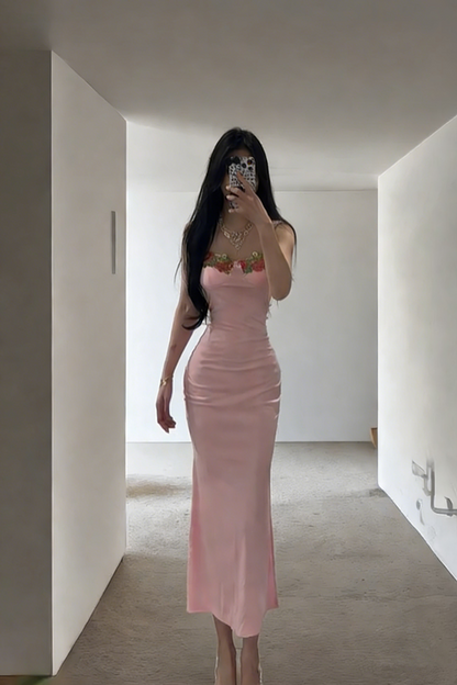 Light pink halter-neck fitted bodycon long sexy ball gown R8036