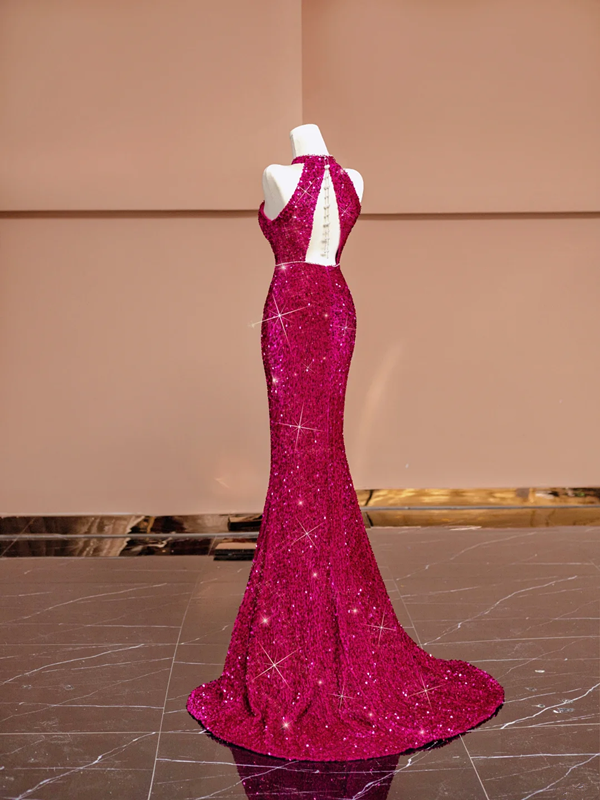 Rose pink halter neck fitted waist bodycon long ball gown/bridal dress R8396