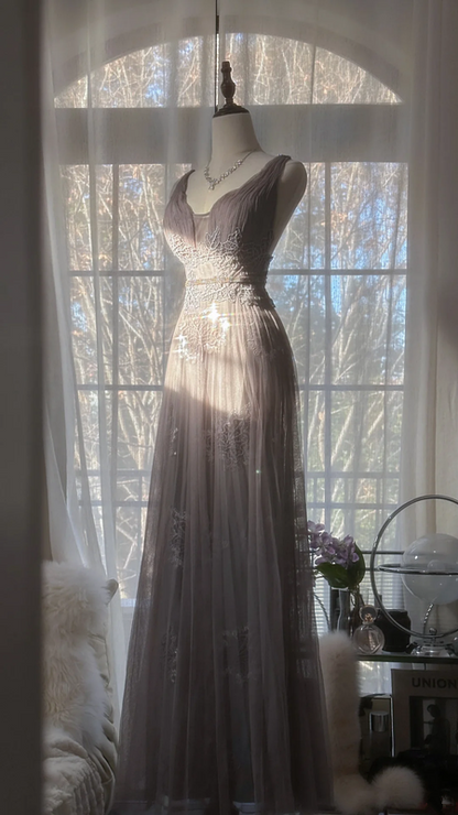 Grayish purple halter-neck fitted long ball gown R7686