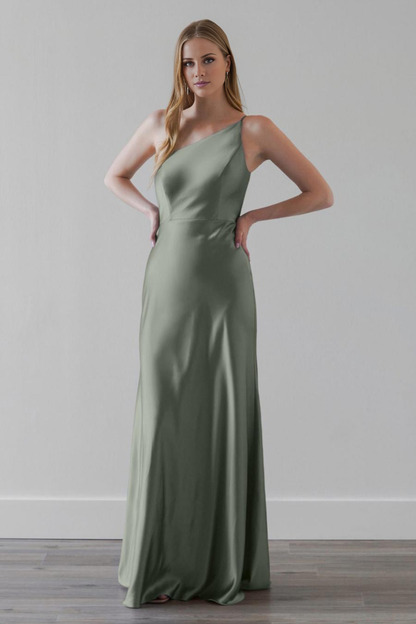 single shoulder collar sleeveless and floor length evening dress