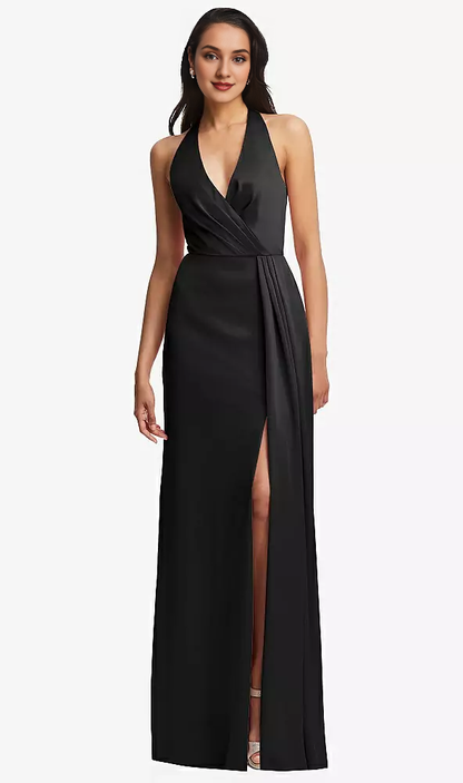 Pleated V-neck back slit horn and floor length Prom dress