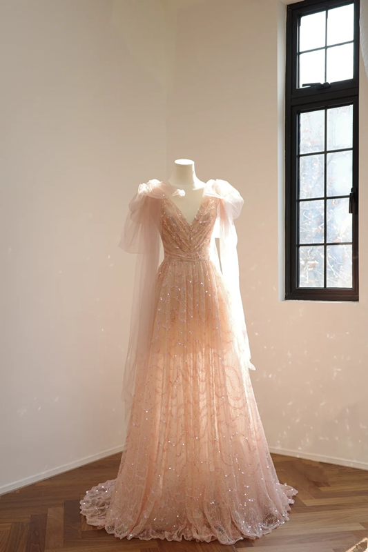 Light pink V-neck fitted A-line long ball gown, bridal dress R8553