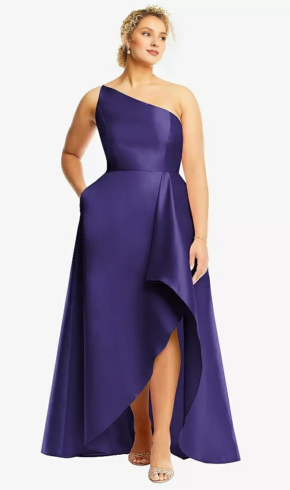 Drawn front slit and pocket with one shoulder satin Prom dress