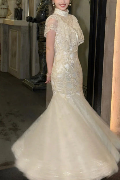 girlhomeshops-Birthday dress Lace Embroidery High-neck Gown, Retro Elegance Shows Feminine Softness gh5898