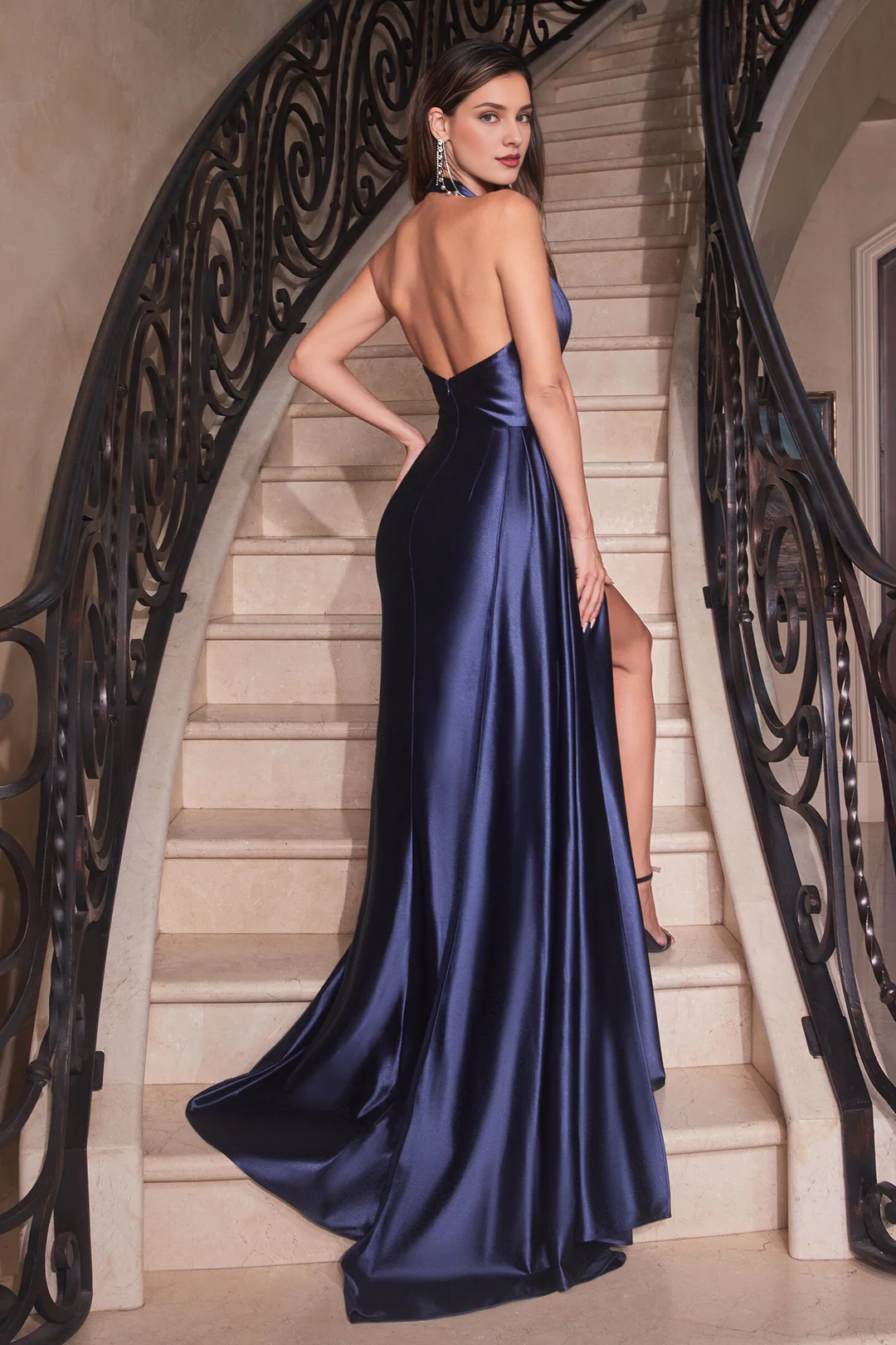 Fitted slit skirt satin long hanging neck dress