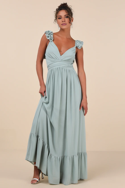 V collar off shoulder sleeveless backless back strap and floor length evening dress