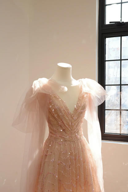 Light pink V-neck fitted A-line long ball gown, bridal dress R8553
